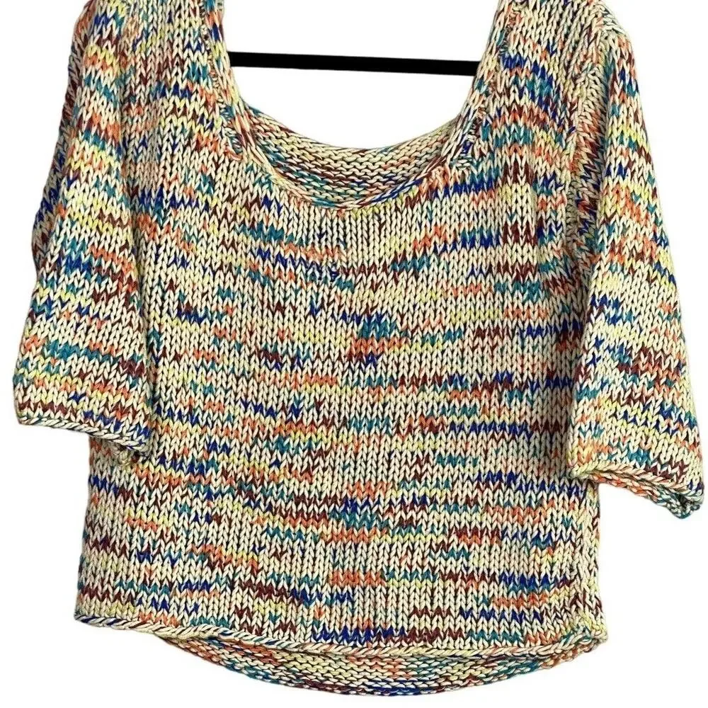 Zara Chunky Knit Relaxed Sweater 3/4 Sleeve Scoop Back S Multicolorfull Cream
